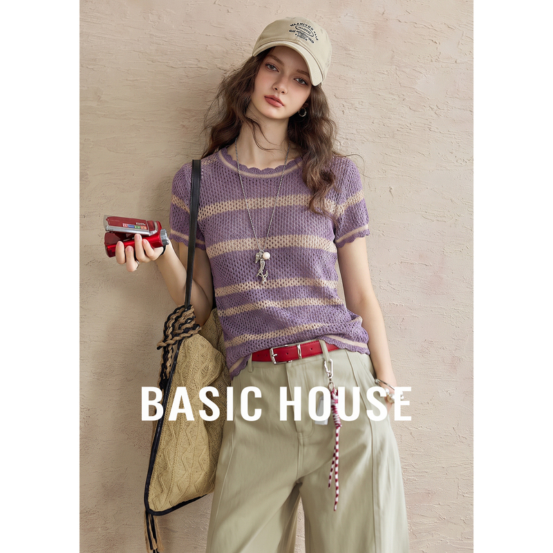 Basic House/Baijiahao Retro Striped Hollow Knit T-Shirt for Women 2026 Summer New Versatile Short-Sleeve