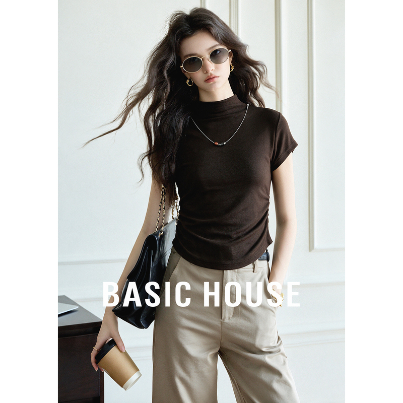 Basic House/Baijiahao Retro Half-High Collar Short-Sleeved T-Shirt for Women 2026 Autum New Slim Fit Bottoming Shirt