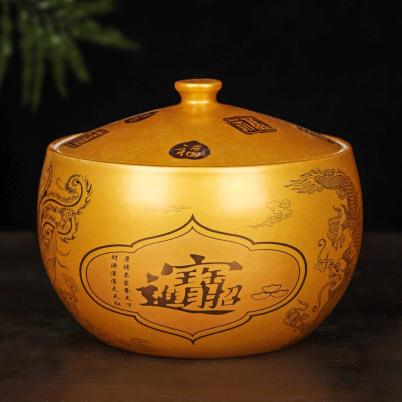 Jingdezhen Ceramic Rice Jar Oil Jar with Lid for Attracting Wealth and Treasure, Snack and Tea Canister, Sealed Storage Jar, Decorative Ornament