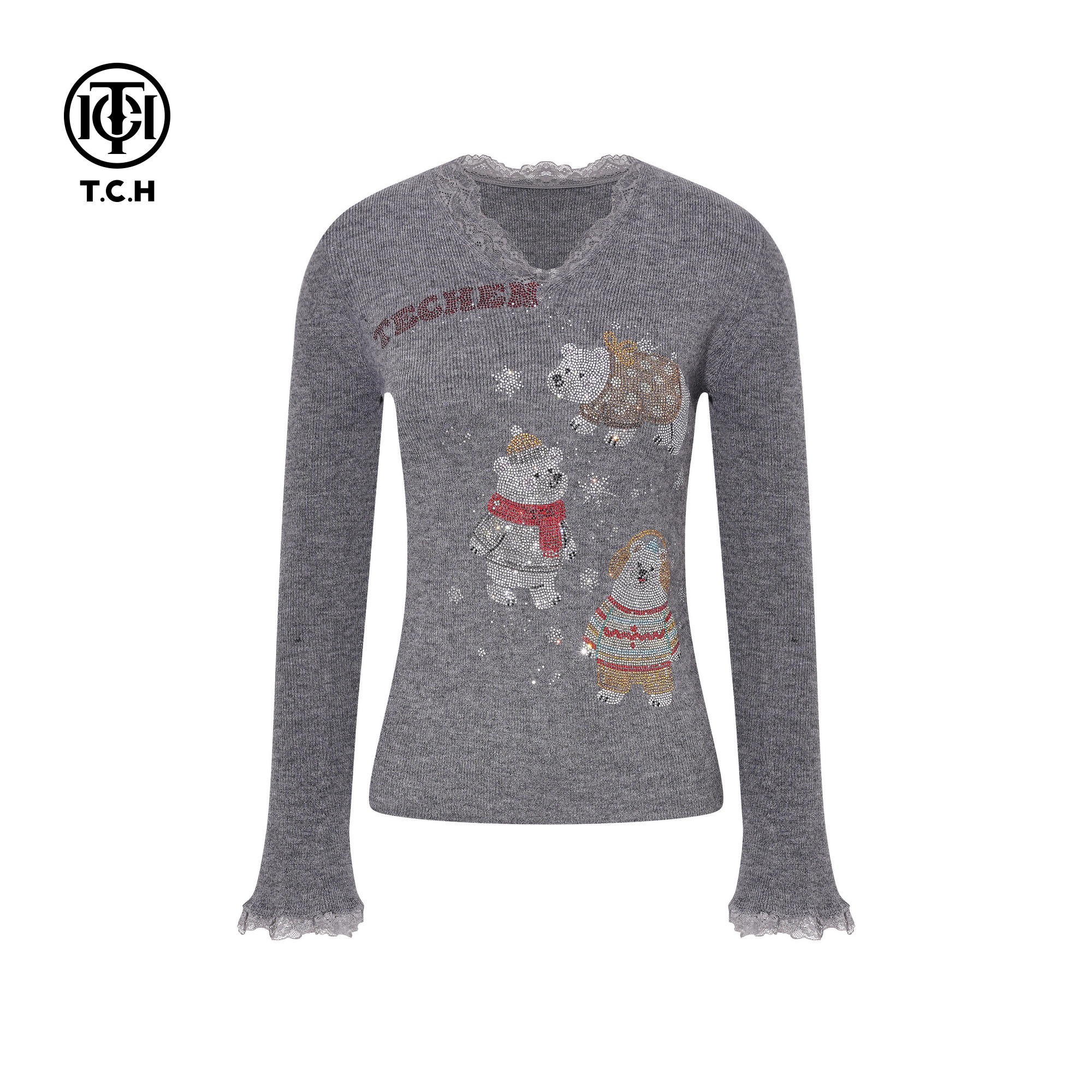 TCH时尚烫钻灰色休闲风柔软舒适女装针织衫秋冬新款T75D09E1160