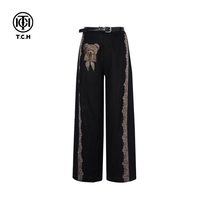 TCH烫钻时尚气质小熊淑女长裤2025秋季新款小众设计款T75B20E5078