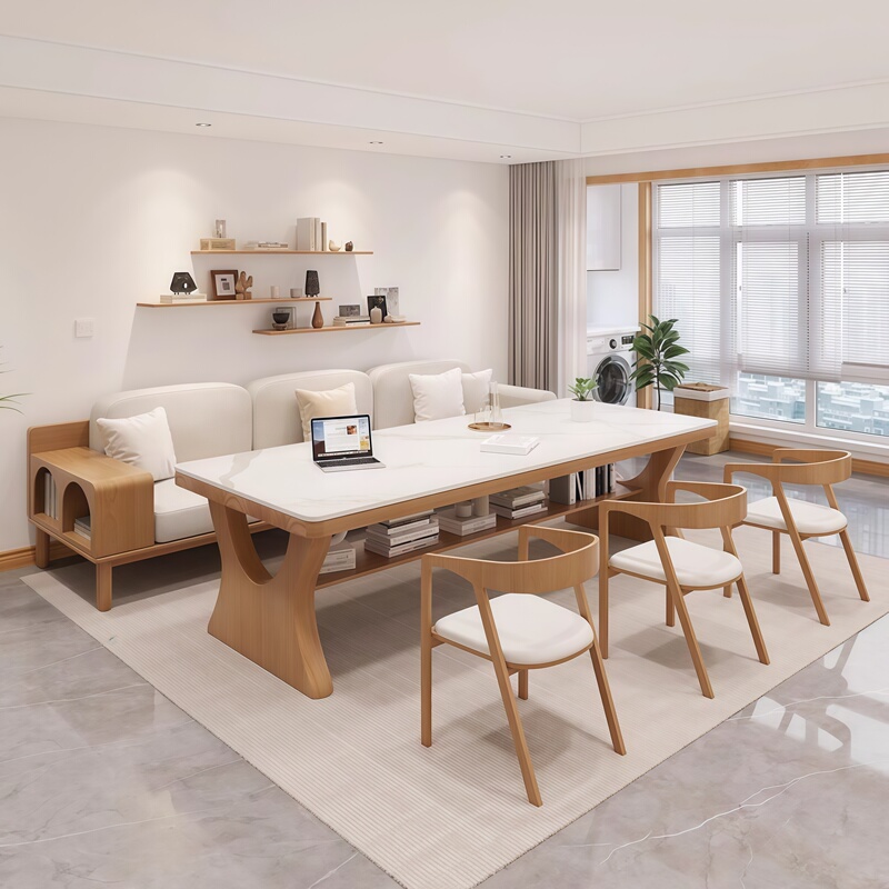 Nordic Solid Wood Slate Long Desk in Cream Style for Living Room, Study, Reading, Office Desk, Work Station, and Dining Table All-In-One