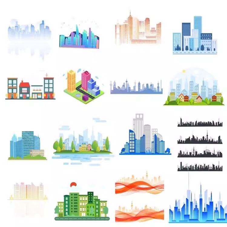 卡通手绘科技城市建筑PNG免扣素材图片高楼大厦剪影插画设计元素