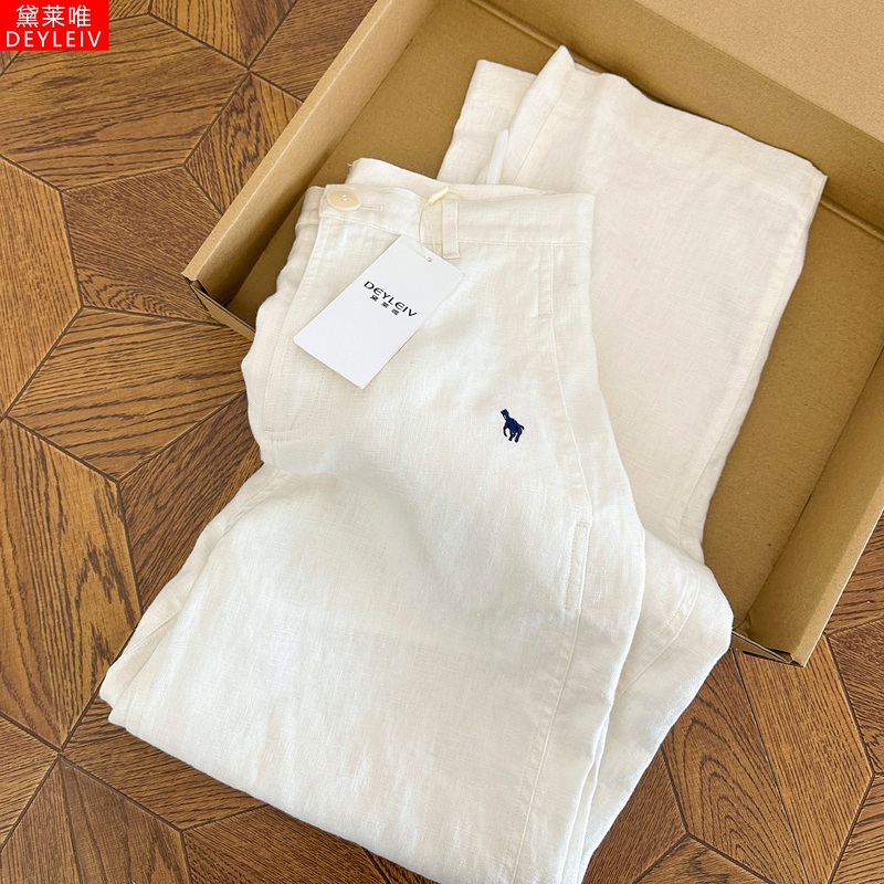 Dailaiwei! American-Style Pony Logo Breathable Pure Linen Wide-Leg Pants for Women, Spring and Autumn 2025 New Slimming Casual Long Pants