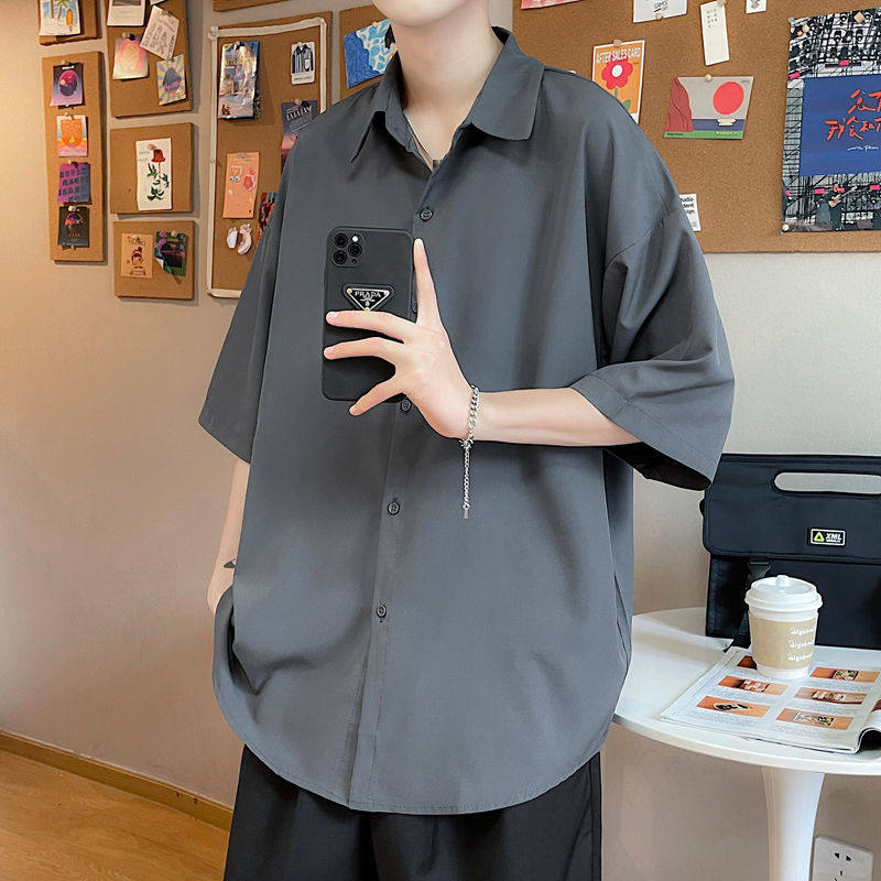 广东普宁高端衬衫宽松纯色短袖衬衫男时尚潮牌落肩袖新款青春潮流