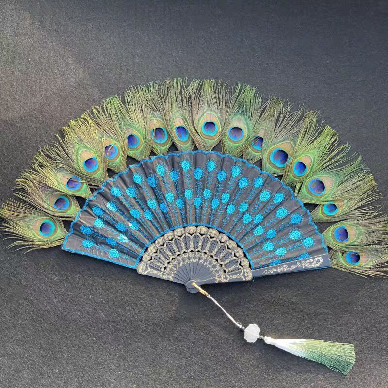Peacock Feather Folding Fan, Embroidered Fan, Black Handle Sequin Fan, Wing Chun Gift Fan, Zhuge Liang Feather Fan, Chinese Style Peacock Feather Folding Fan, Embroidered Fan, Black Handle Sequin Fan, Wing Chun Gift Fan, Zhuge Liang Feather Fan, Chinese Style