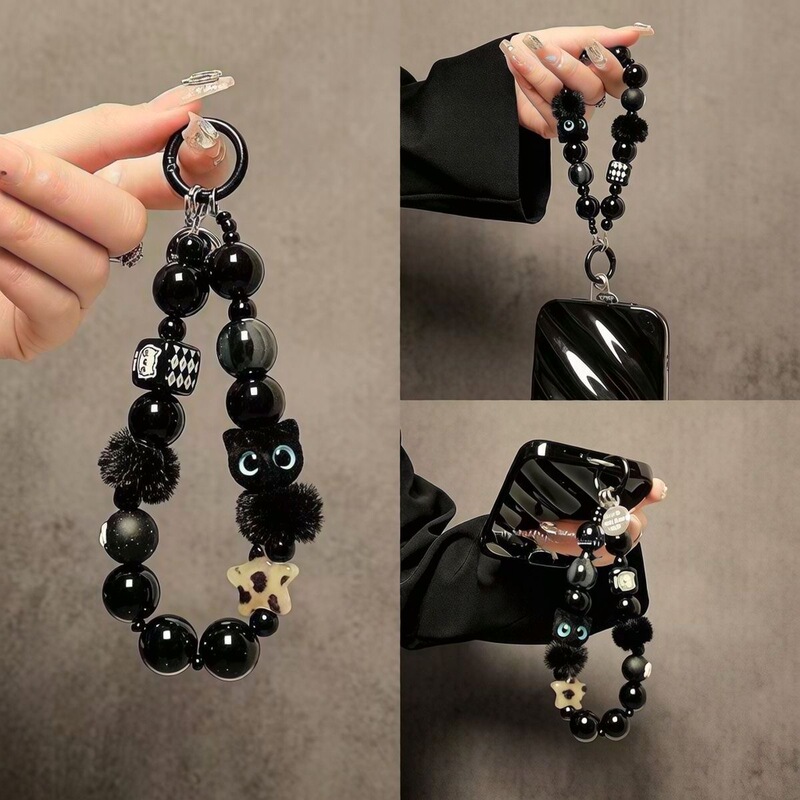Ins Black Cat Phone Chain Wrist Short Strap Lanyard Camera Bag Chain Pendant Keychain Beaded