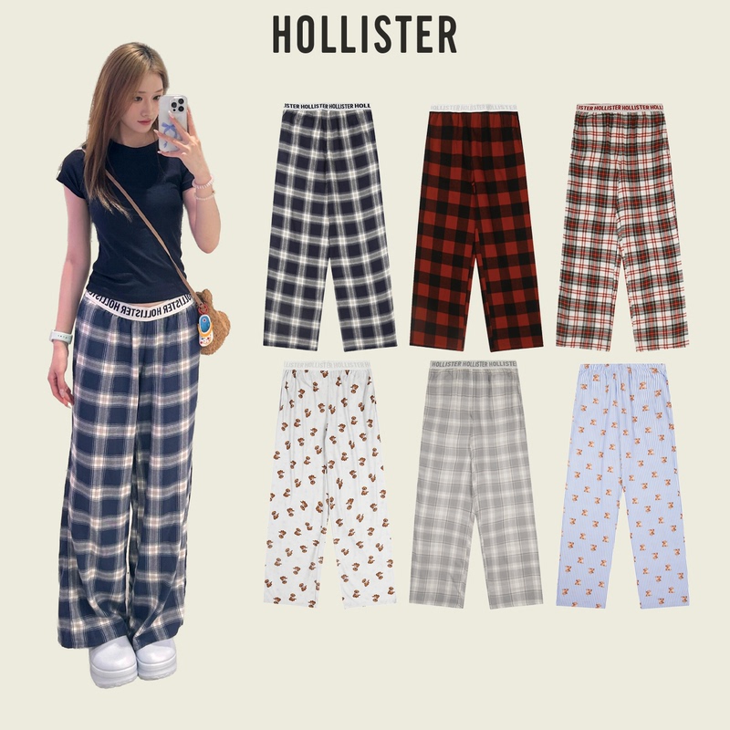 [Official Authentic] Hollister Little Seagull Plaid Pants Women's Summer Pajama Pants Checkered Casual Long Pants