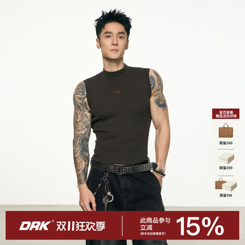 Drk Dark Red Embroidered Ribbed High-Neck Base Layer Tank Top Men's Trendy American Retro Sports Fitness Sleeveless Shirt