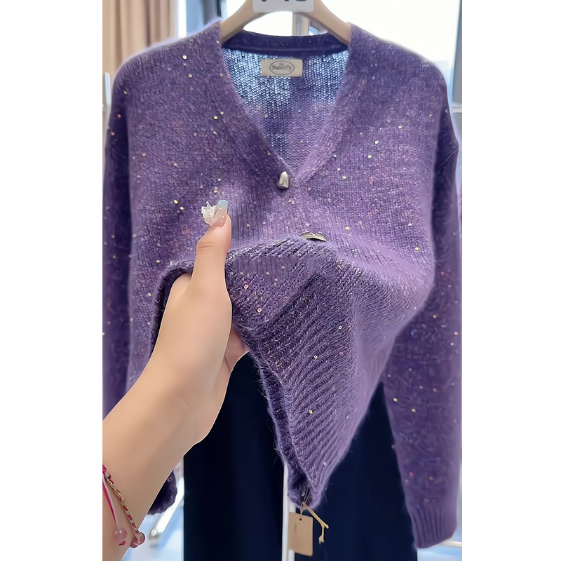 Super Stylish and Trendy Purple V-Neck Cardigan Sweater for Women, New Autumn Style, Loose Fit, Elegant with Subtle Shimmer Embellishments