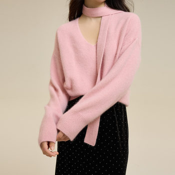 Simple commuter raccoon velvet v-neck sweater 25 new women's autumn design wool lace-up slim sweater for women