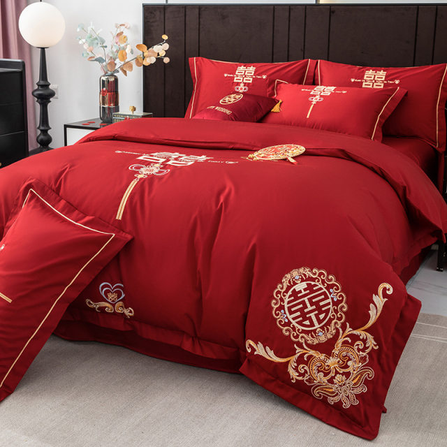 2023 new 120g grinding embroidery craft wedding four-piece set wedding bed sheet quilt cover