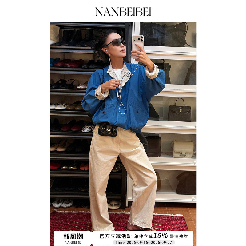 Nanbeibei Women's New Loose Casual Blue Round Neck Long-Sleeved Zipper Reversible Jacket