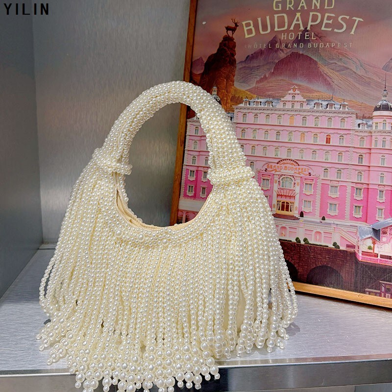 Yilin Elegant Socialite Pearl Bag New Chinese Style Banquet Handmade Beaded Simple Pure White Handbag