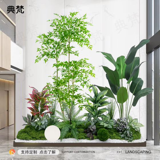 Simulated green plant landscaping indoor artificial tree decoration under the stairs, bionic plant landscaping combination clothing store window view