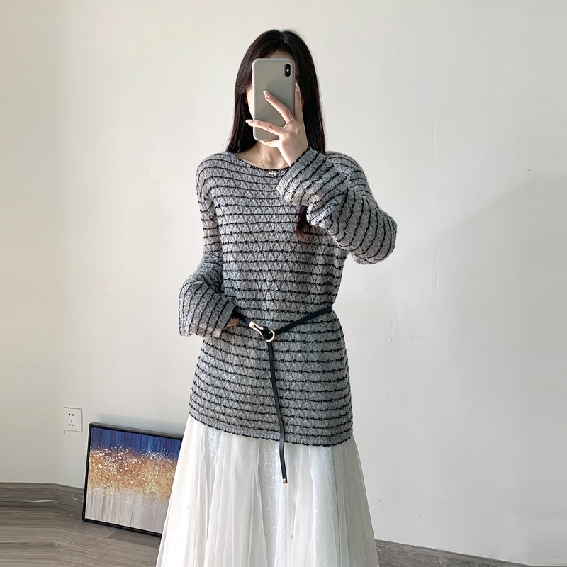 Round Neck Knit Sweater for Women, New Spring Style, Striped Color-Blocking, Hollow-Out Long-Sleeve, Mid-Length Pullover Mohair Outerwear Top