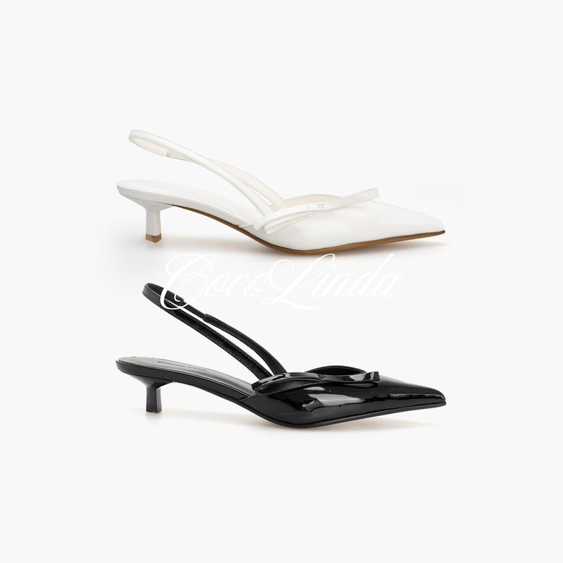 Cocolinda |   Black Patent Leather Parda-Style Bow Sexy Pointed Toe Open-Toe Kitten Heels 3Cmx5888