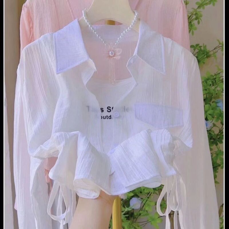 Small White Super Fairy Short Shirt Sun Protection Clothing for Women Outer Wear 2025 Summer New Drawstring Pure Color Top Trendy Small White Super Fairy Short Shirt Sun Protection Clothing for Women Outer Wear 2025 Summer New Drawstring Pure Color Top Trendy