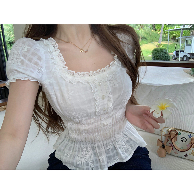 Lukira Camellia Diary White Embroidered Lace Puff Short-Sleeved Shirt Women's Spring Waist-Cinching Top Lukira Camellia Diary White Embroidered Lace Puff Short-Sleeved Shirt Women's Spring Waist-Cinching Top