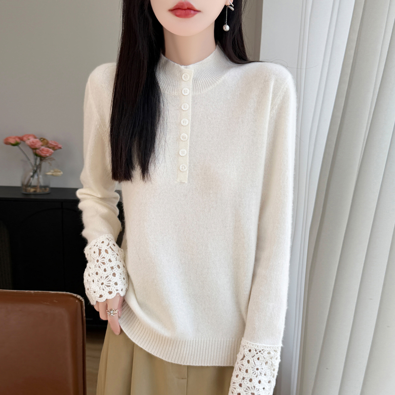 Stylish Half-Turtleneck Crochet 100% Pure Wool Knit Sweater for Women with Buttons, Warm and Fashionable White Base Sweater Stylish Half-Turtleneck Crochet 100% Pure Wool Knit Sweater for Women with Buttons, Warm and Fashionable White Base Sweater