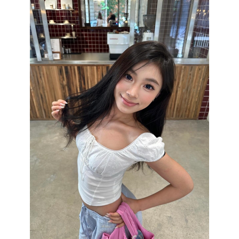 American-style square neck white puff sleeve tie-up short top women's summer slimming waist lace hot girl short-sleeved T-shirt