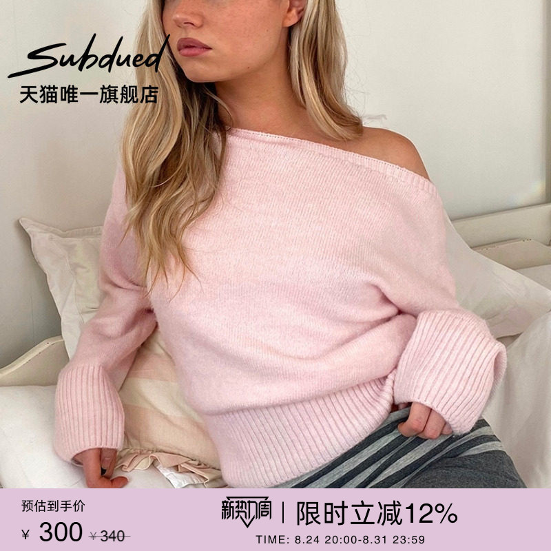 Subdued Sweater Autumn Women's Long-Sleeved Boat Neck Off-Shoulder Ribbed Hem Knitwear