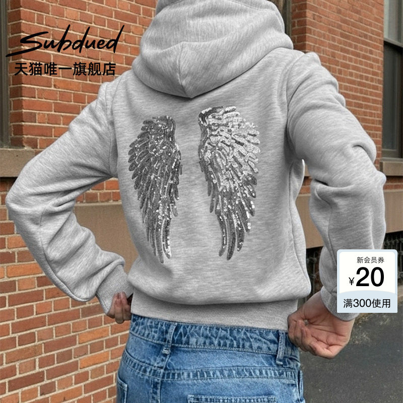 Subdued Sweatshirt 26 Autumn and Winter New Women's Sequined Wing Print Slim Zipper Casual Hoodie Subdued Sweatshirt 26 Autumn and Winter New Women's Sequined Wing Print Slim Zipper Casual Hoodie