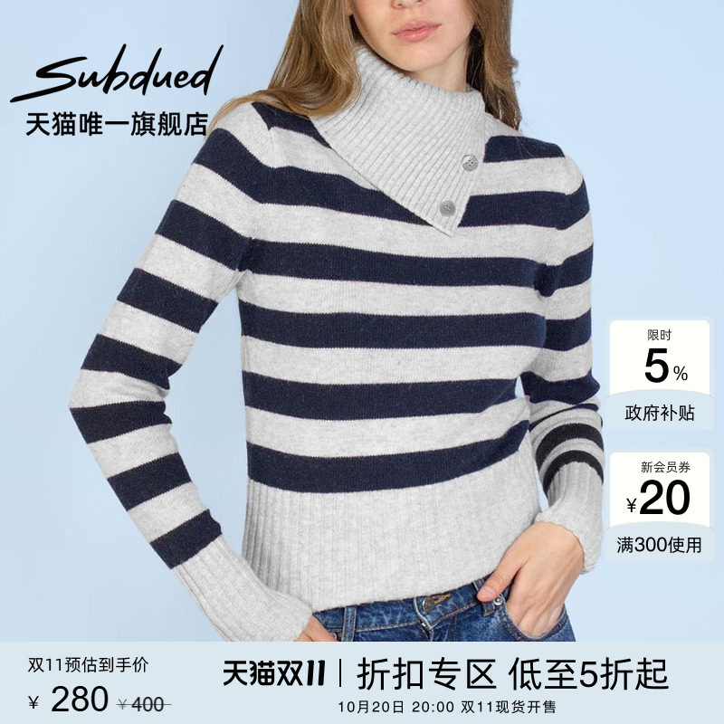 Subdued Sweater 26 Autumn and Winter New American Style Folded High Collar Buttoned Asymmetrical Striped Slim Fit French Knitwear