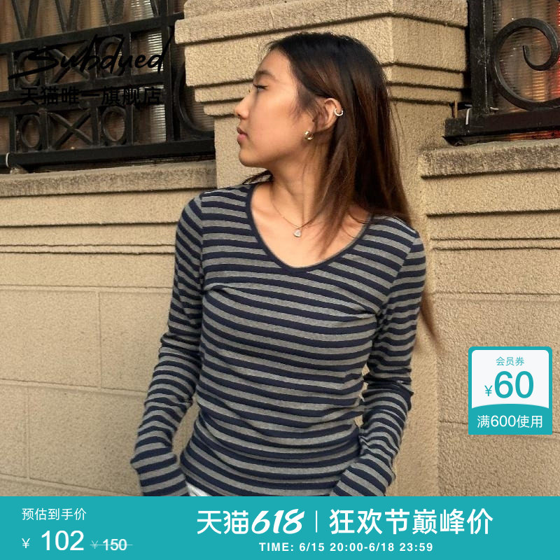 Subdued T-Shirt New Style Women's Slim Fit V-Neck Striped Casual Long-Sleeve Top