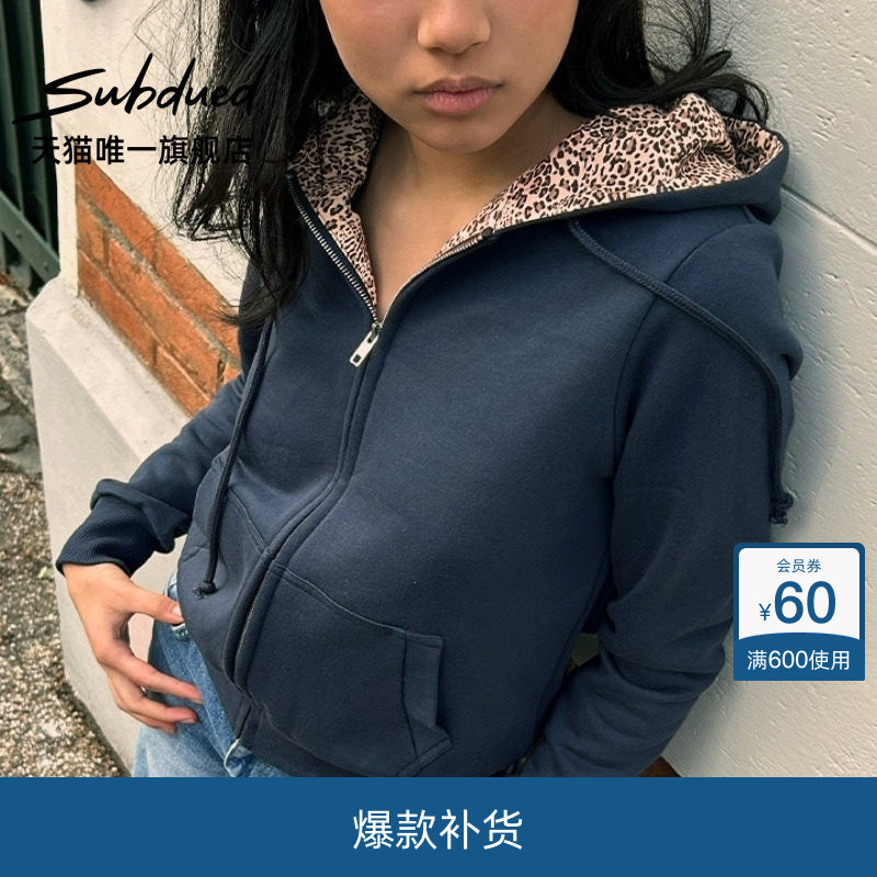 Subdued Sweatshirt 26 Spring/Summer New Women's Short Pocket Leopard Print Polka Dot Patchwork Zip-Up Hoodie