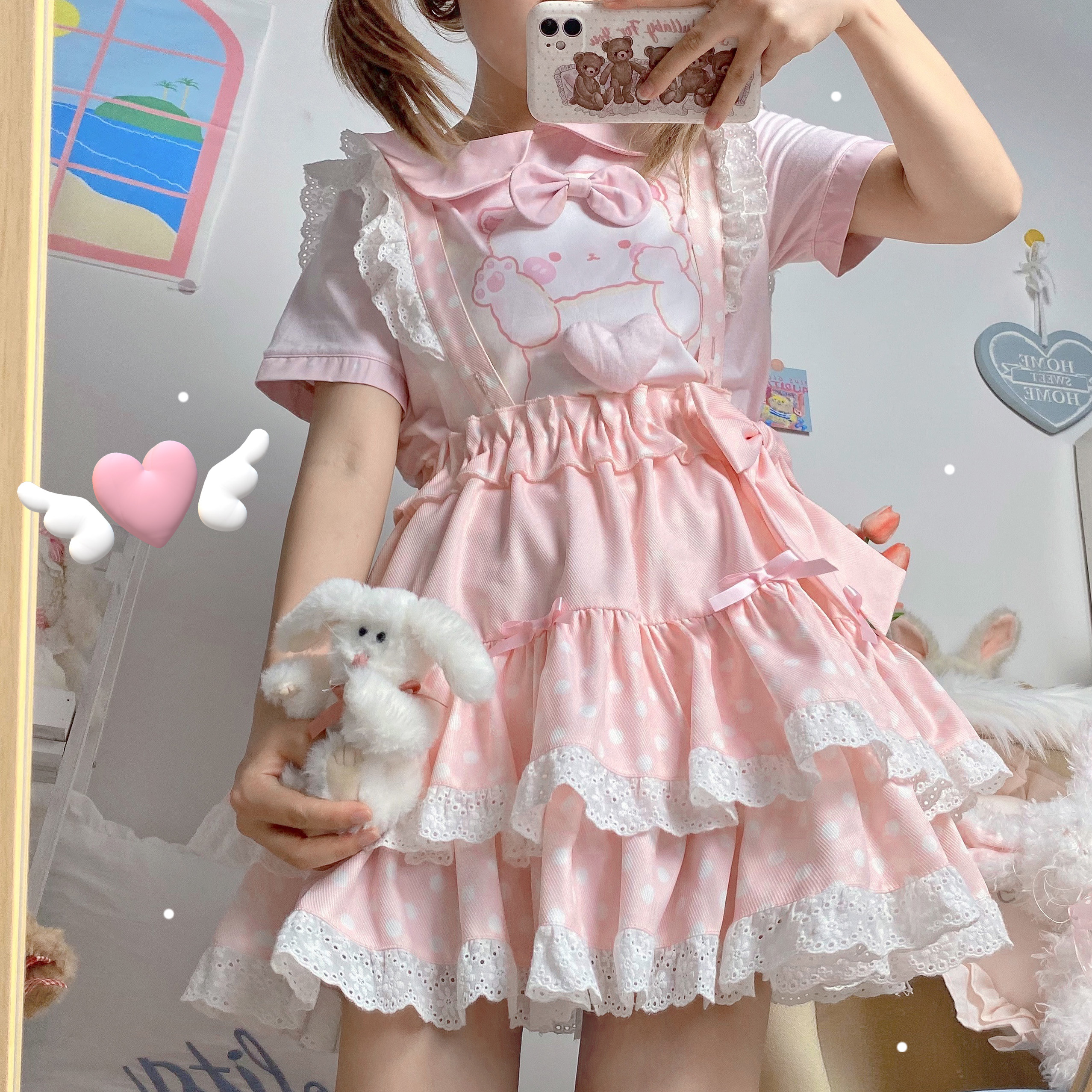Spot original-little milk meow-summer soft girl cute pink T-shirt polo spot cake skirt set thin miniskirt
