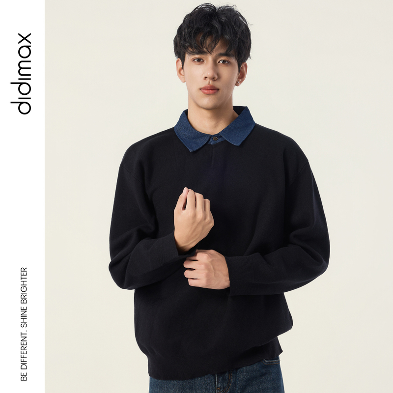 Didimax Contrasting Color Patchwork Lapel Pullover Sweater Men's New Style Layered Knit Base Shirt Top W20873