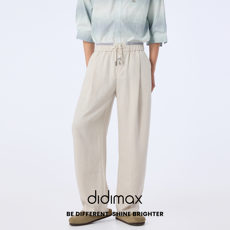 Didimax New Summer Style Color-Blocked Waistband Loose Straight Pants Linen Elastic Waist Long Pants X59012