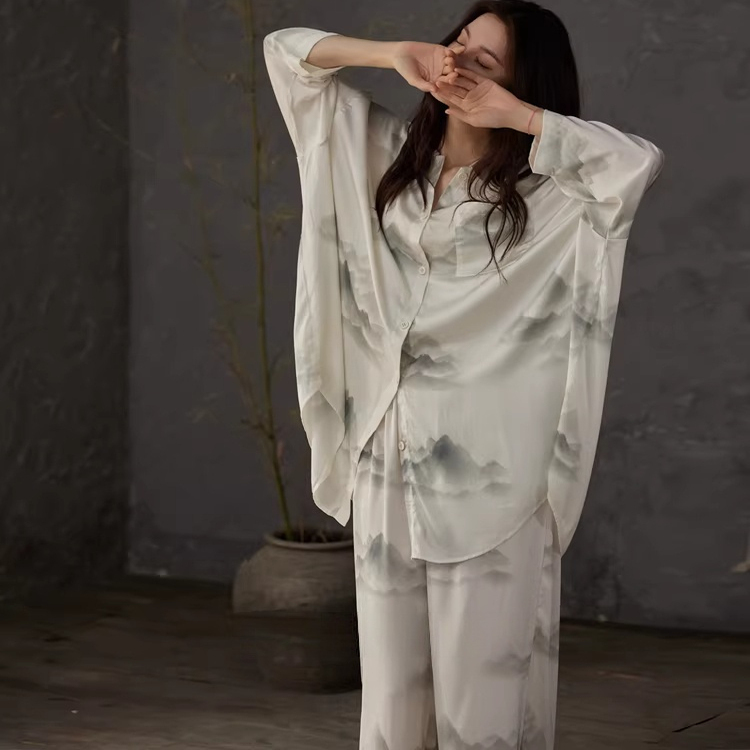 Silk Pajamas for Women, Spring and Autumn, Ink Painting Style, Chinese Style, High-End Mulberry Silk, Built-In Bra Pad, One-Piece Loungewear Set