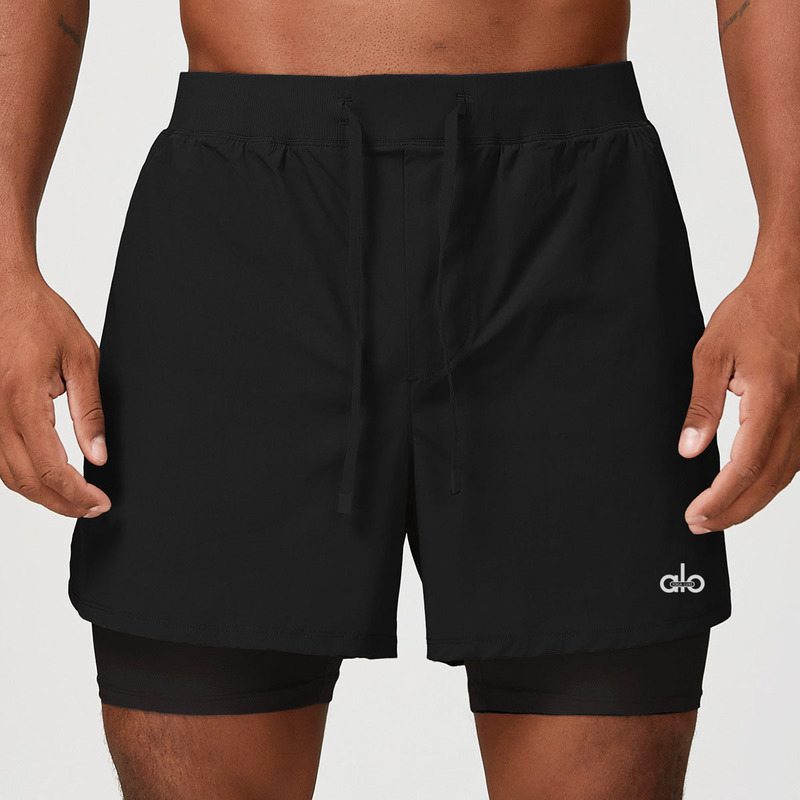 Alo Men's Fake Two-Piece Quick-Drying Sports Shorts Black Fitness Training Running Pants Breathable Elastic Waist Sports Pants