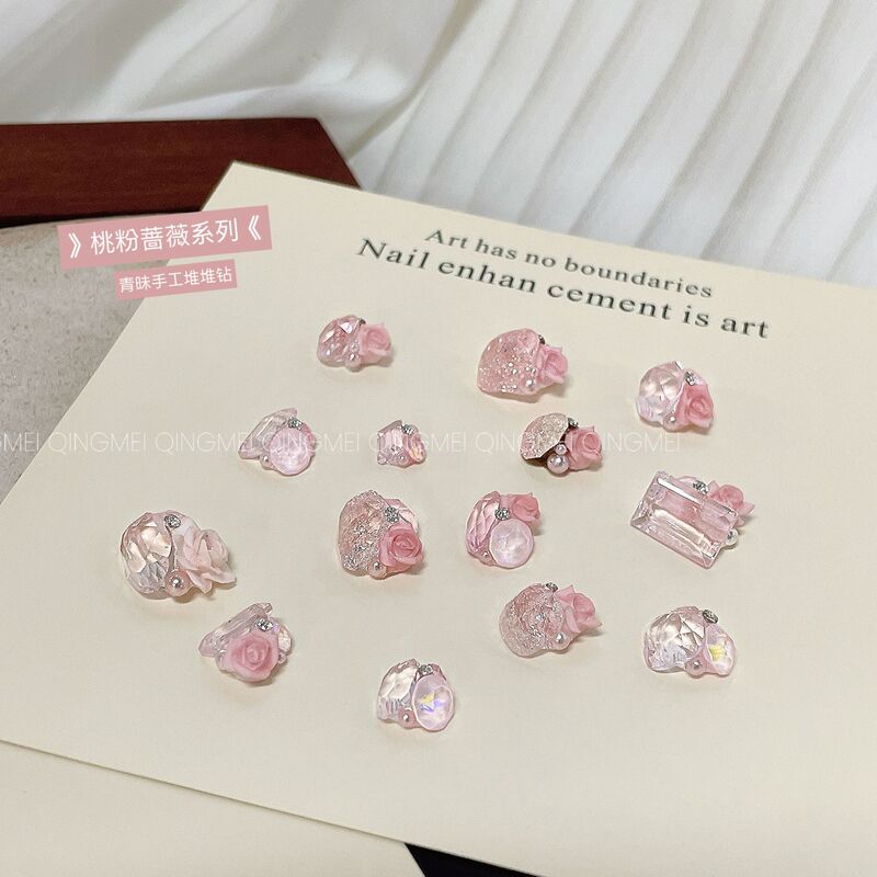 Swarovski Peach Pink Rose Stacked Rhinestones Super Shiny Handmade Fat Square Oval Sugar Cube Bottomless Pearl K9 Nail Art Rhinestone Balls