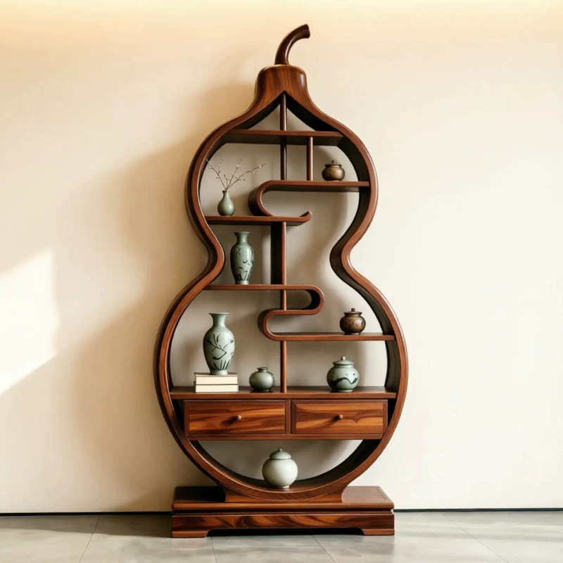New Chinese-Style North American Black Walnut Wood Display Shelf, High-End Solid Wood Gourd-Shaped Multi-Purpose Display and Storage Decorative Shelf New Chinese-Style North American Black Walnut Wood Display Shelf, High-End Solid Wood Gourd-Shaped Multi-Purpose Display and Storage Decorative Shelf