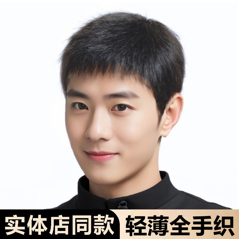 Xuchang Fully Hand-Woven Men's Wig, Real Human Hair, Fashionable Short Hair, Full Head Cover Style, Bald Head Covering Gray Hair