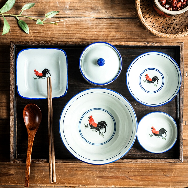 Rooster Bowl Single-Person Breakfast Set, Complete Tableware Set for One Person, Chicken Bowl and Plate Set, Postpartum Care Center Tableware