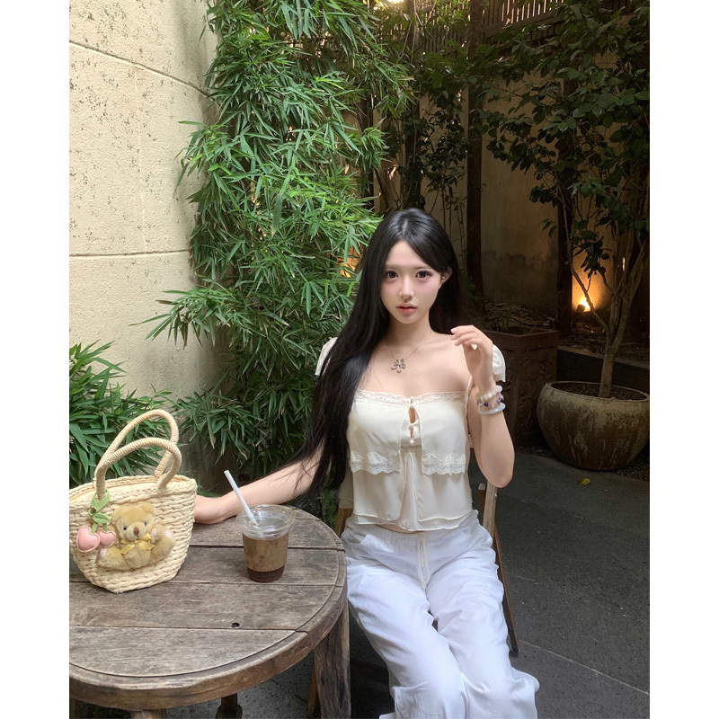 Ice Cream Willow【Leisure Holiday】Exclusive French Holiday Pure Desire Lace Flutter Sleeve Chiffon Blouse Top