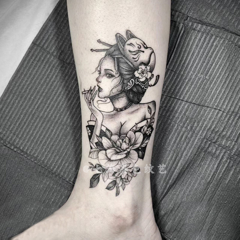 Trendy and Cool Arm Geisha Realistic Tattoo Stickers Herbal Semi-Permanent Non-Reflective Waterproof Long-Lasting for Men and Women
