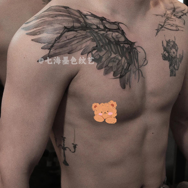 Wings of Power Dark Herbal Tattoo Sticker Semi-Permanent Waterproof Long-Lasting European and American Style Chest and Shoulder Scar Covering Sticker for Men