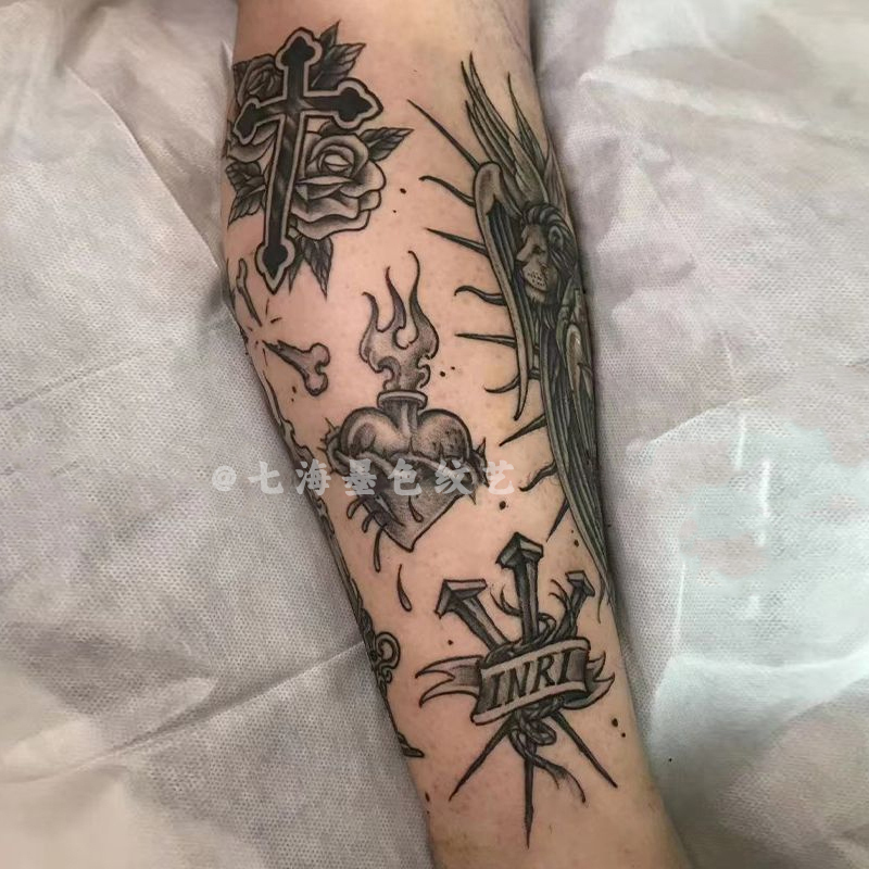 Oldschool Herbal Juice Spliced Flower Arm Tattoo Stickers for Men, Waterproof, Long-Lasting, Semi-Permanent, European and American Style Realistic Tattoos