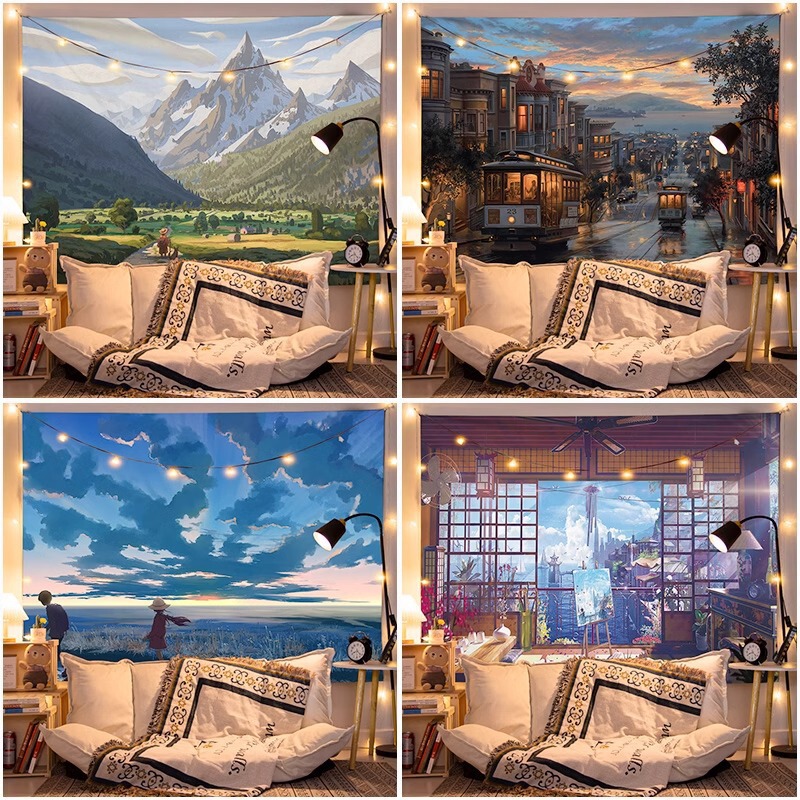 Beautiful Japanese-Style Landscape Background Cloth Tapestry ins Bedroom Room Headboard Wall Dormitory Decoration Trendy Wall