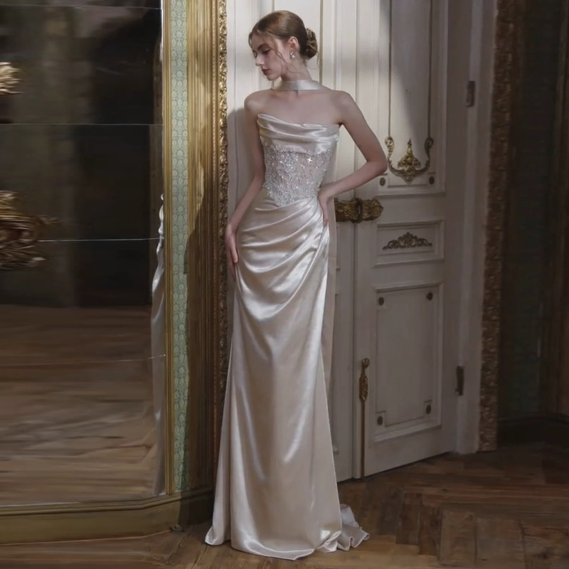 Champagne-Colored Strapless Evening Dress, High-End Hostess Dress, Coming-Of-Age Ceremony Banquet Dress, Elegant Evening Wear, Bride Engagement Toast Dress Champagne-Colored Strapless Evening Dress, High-End Hostess Dress, Coming-Of-Age Ceremony Banquet Dress, Elegant Evening Wear, Bride Engagement Toast Dress