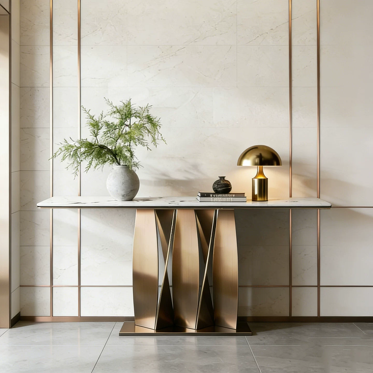 Italian style light luxury entrance hall table villa living room hotel lobby end view table entrance door opposite door entrance table case