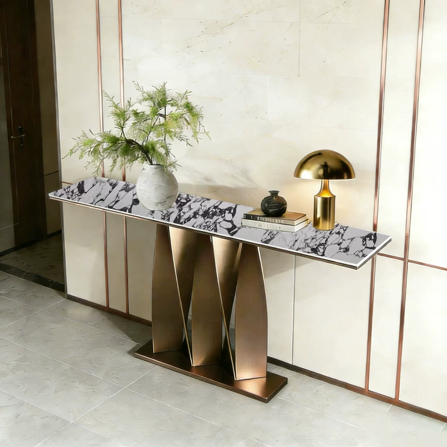 Italian style light luxury entrance hall table villa living room hotel lobby end view table entrance door opposite door entrance table case