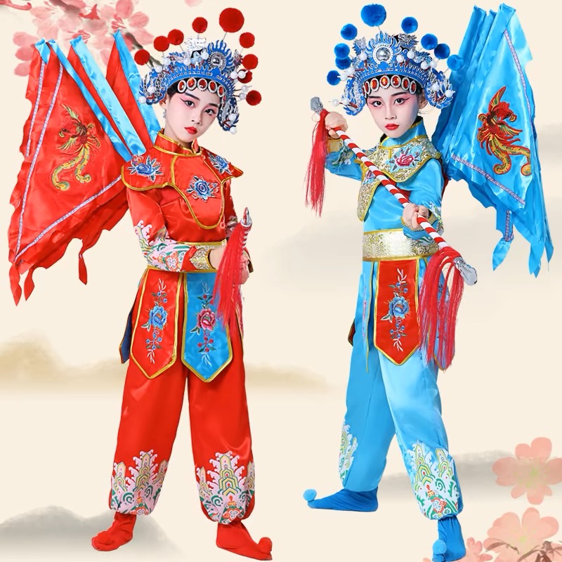 子ども用京劇衣装、小河風、穆桂英指揮、河南オペラ衣装、花木蘭、剣馬女性衣装