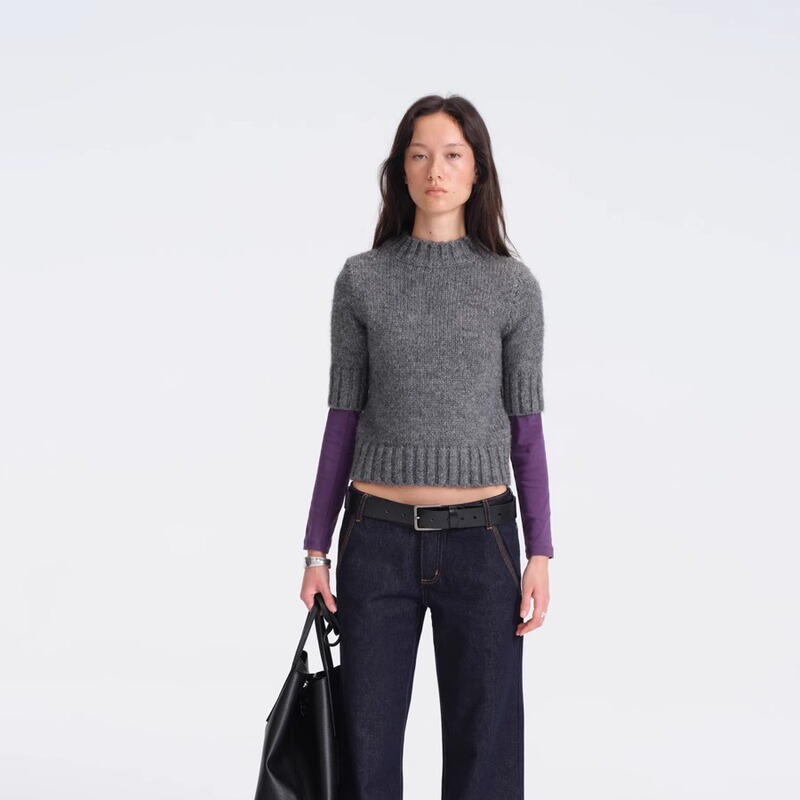 Hughum Gray Thick-Knit Mid-Sleeve Sweater