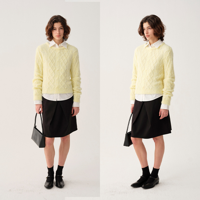 Hughum Original Design Autumn and Winter Round Neck Twist Long-Sleeve Loose Fit Soft Light Yellow 15% Wool Sweater